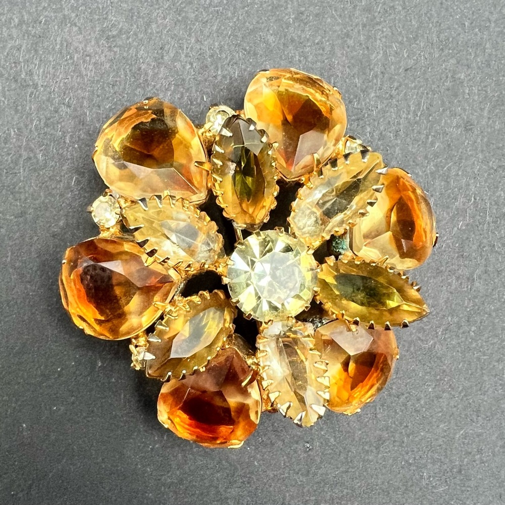 SOLD - Vintage Two Toned Orange Rhinestones Cluster Brooch